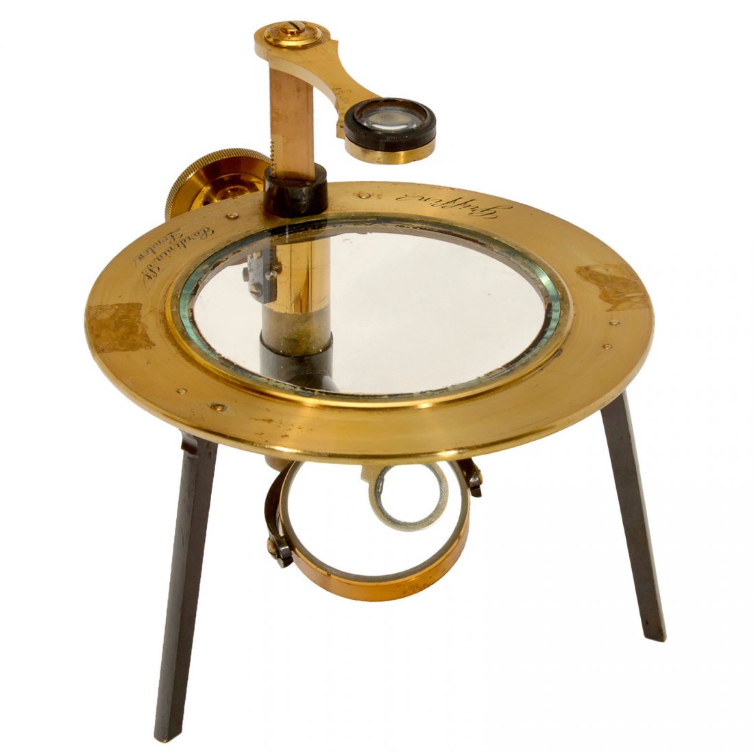 English Dissecting Microscope: English Dissecting Microscope Signed on the 5 ¾ in. diameter stage "Griffin, Sardinia St., London", original lacquered brass, height-adjustable single mirror, stage with 3 ¾ in. diameter glass ins