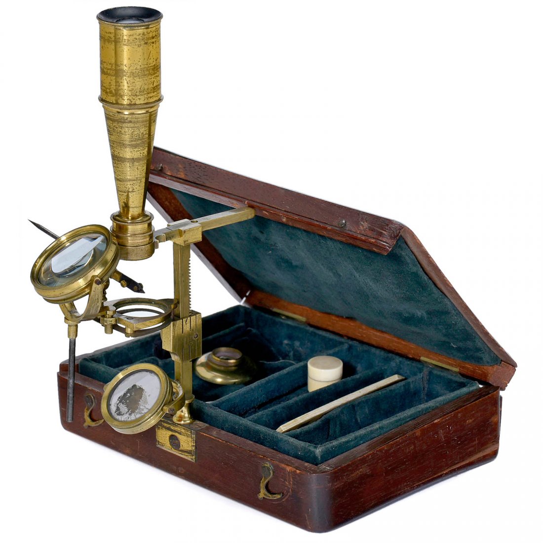 William Cary Travel Microscope, c. 1820: William Cary Travel Microscope, c. 1820 Signed on the pillar: "Cary, London". Original lacquered brass, velvet-lined mahogany box base (missing 1 border), inset single mirror, rack-and-pinion focusing