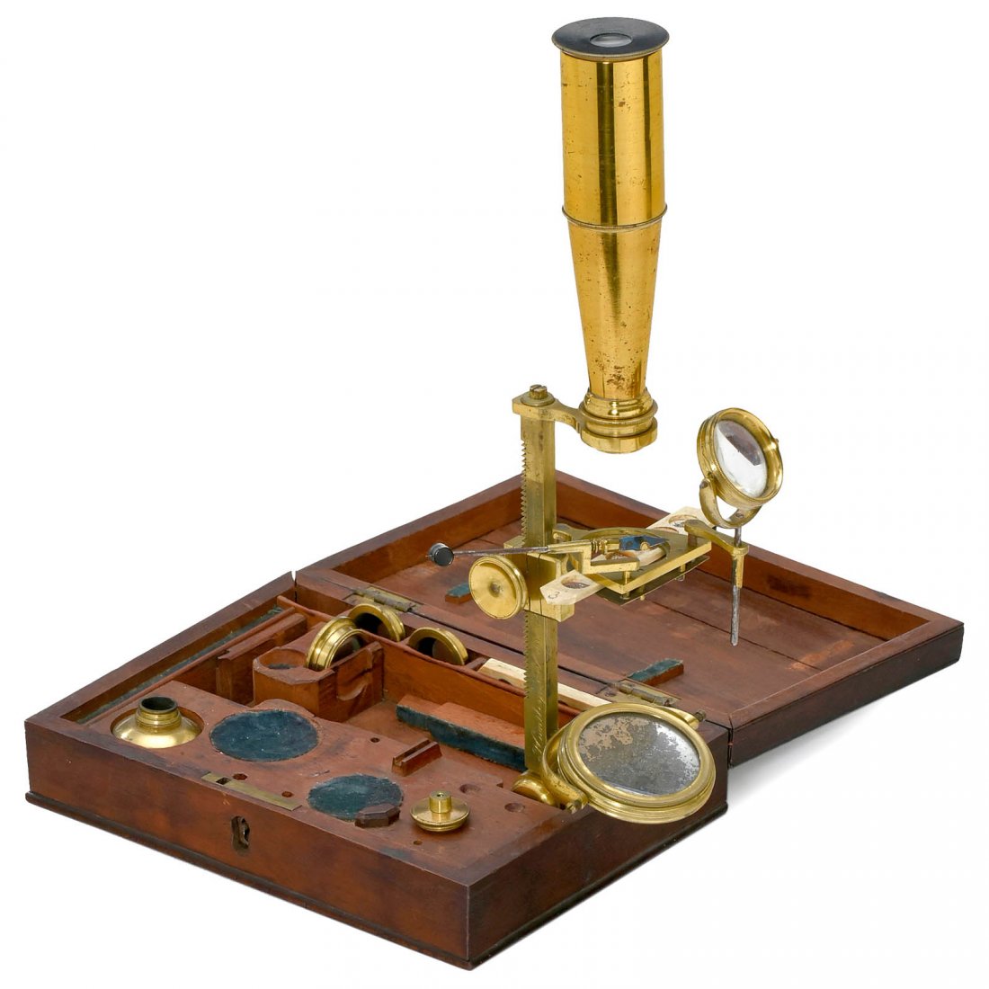 Robert Huntley Compound Travel Microscope, c. 1828: Robert Huntley Compound Travel Microscope, c. 1828 Signed on paper label: "Huntley, Maker, 52 High Holborn". Lacquered brass, mahogany box base with brass bracket supporting the microscope, single mir