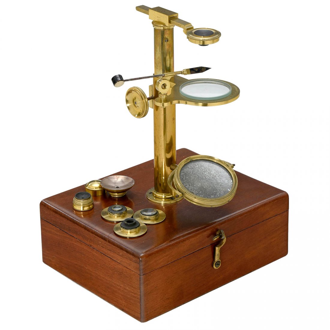 Cased Brass Naturalist's Microscope by Jones, c. 1780: Cased Brass Naturalist's Microscope by Jones, c. 1780 Signed on the stage: "W. & S. Jones, 30 Holborn, London", original lacquered brass, concave mirror, rack-and-pinion focusing, 4 inset magnifier le