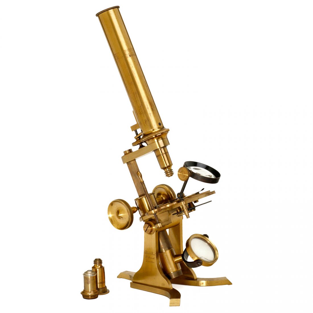 English Compound Microscope by Elliott Bros., c. 1860: English Compound Microscope by Elliott Bros., c. 1860 Claw-footed base with 2 uprights, 1 side signed "Elliott Bros. 30, Strand, London", original lacquered brass, concave single mirror, lever-control