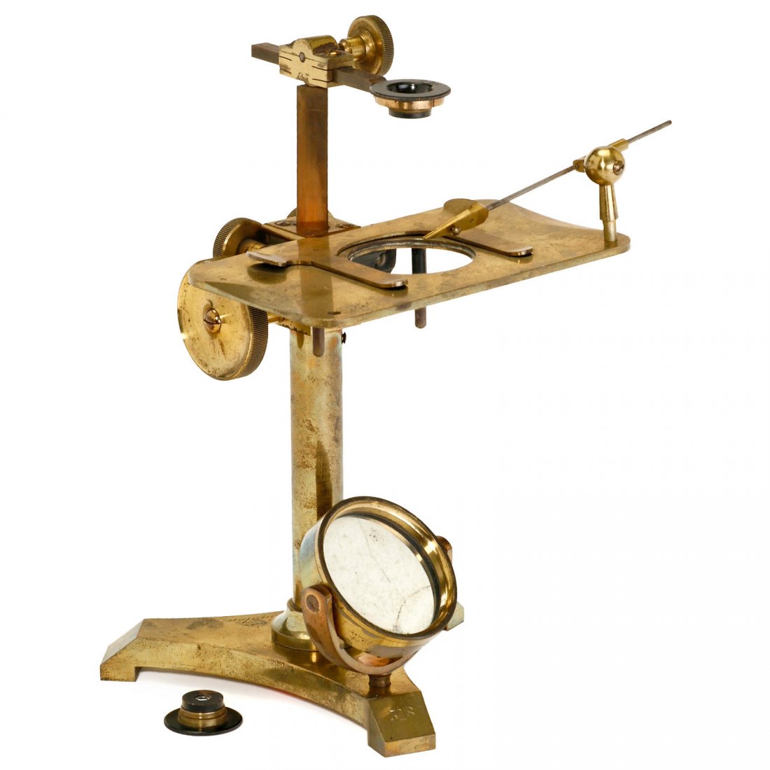 A. Ross Dissecting Microscope, c. 1855: A. Ross Dissecting Microscope, c. 1855 Signed on the foot: "A. Ross, London", serial no. 518, patinated brass, pillar screwed into the tripod base, flat stage attached by screws, lens holder bar with 