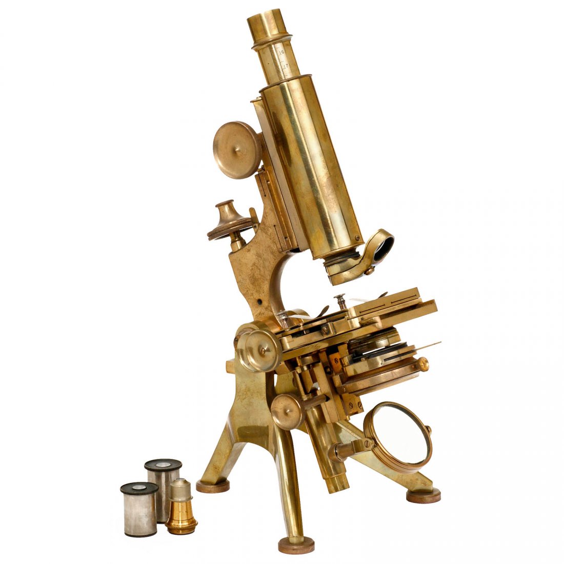 Compound Monocular Microscope by Watson, c. 1890: Compound Monocular Microscope by Watson, c. 1890 Engraved to the base: "W. Watson & Sons, 313 High Holborn, London", serial no. 6687, patinated brass, coarse and fine adjustment, double-nosepiece, wel