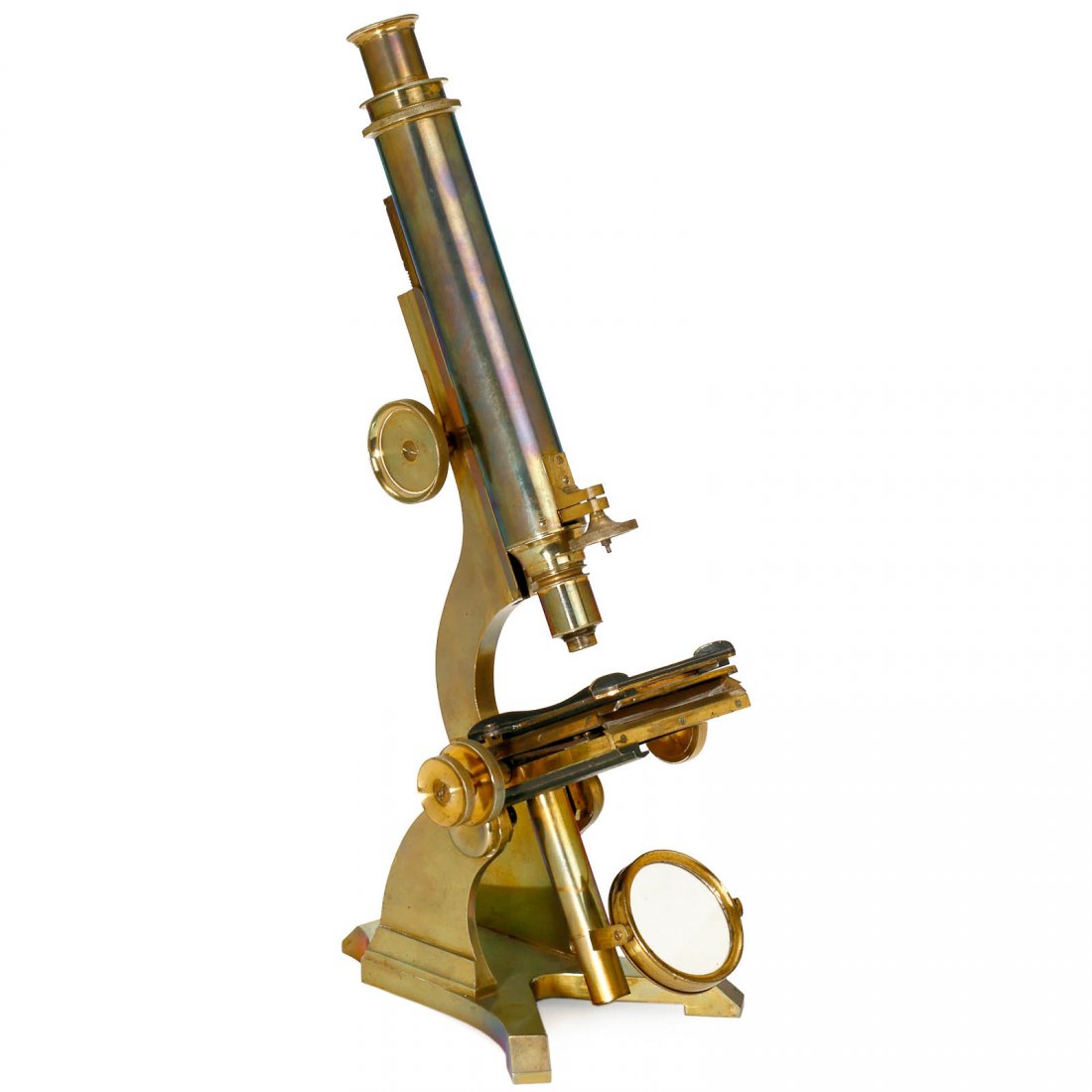 Large Compound Microscope by Pillischer, c. 1870: Large Compound Microscope by Pillischer, c. 1870 Signed on the foot: "M. Pillischer, London", no. 451, patinated brass, plano-concave mirror, cross table, rack-and-pinion coarse adjustment, fine screw