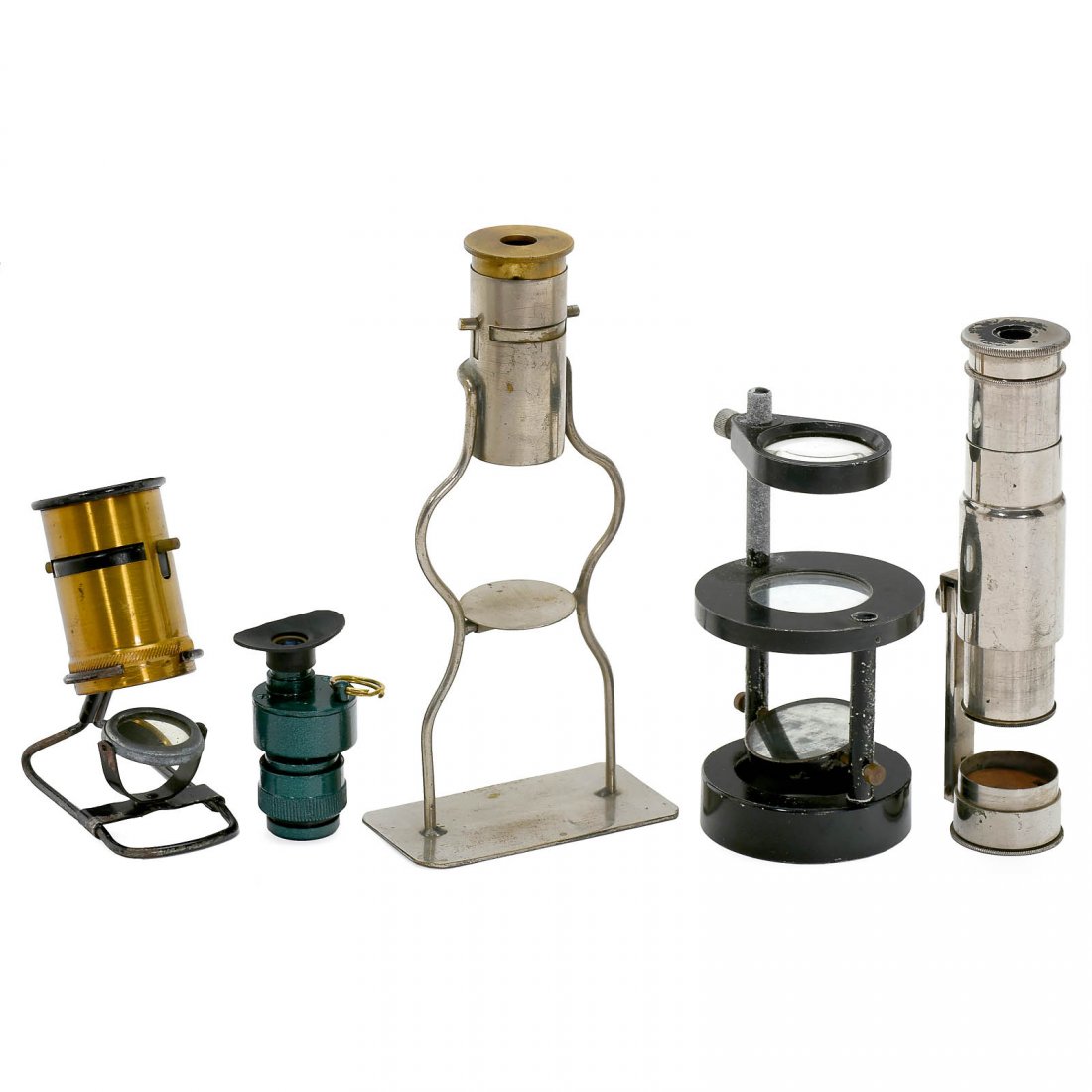 5 Simple Microscopes and Magnifiers: 5 Simple Microscopes and Magnifiers 1) Linen tester, tilting stage, nickeled brass, height 5 ½ in., c. 1900. – 2) Magnifier on stand, aluminum, height 3 1/6 in., c. 1930. – 3) Linen tester, with