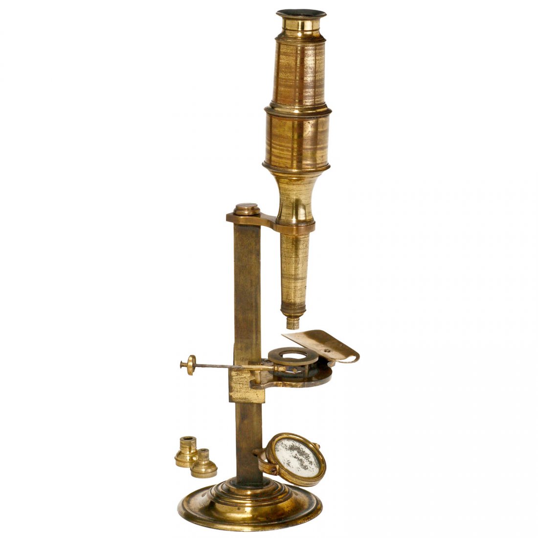 Gould-Type Microscope, c. 1790: Gould-Type Microscope, c. 1790 Unmarked, original lacquered brass, round foot, single mirror, Bonanni spring stage with sliding focus adjustment, 8-in. long body tube, overall height 12 ½ in., in py