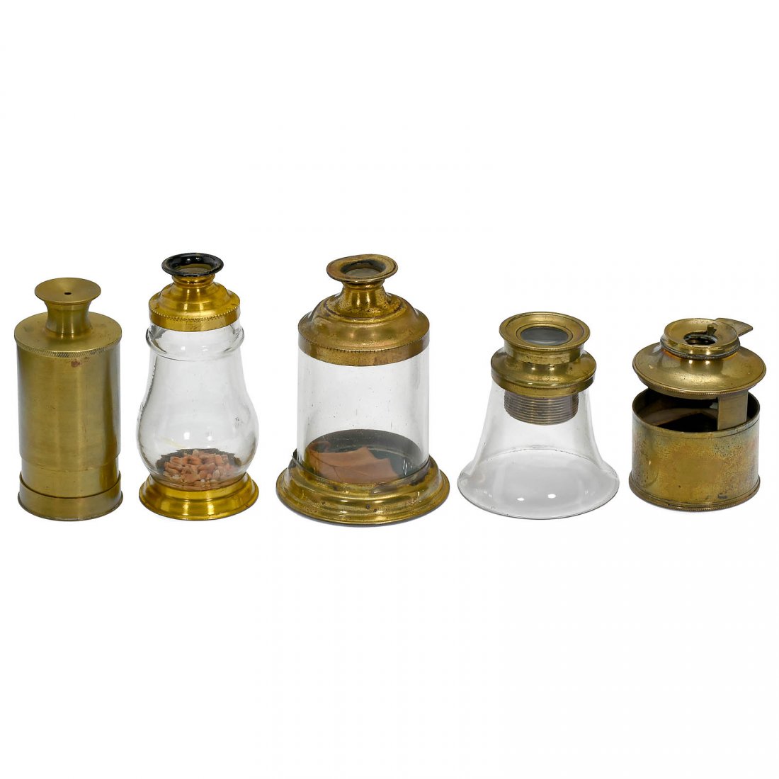 5 Simple Microscopes, 1860 onwards: 5 Simple Microscopes, 1860 onwards 1) Dissecting microscope, brass, glass cylionder, focusable, height 3 ¼ in. – 2) Linen tester, brass, height 3 in. – 3) Dissecting microscope, brass, focusable,