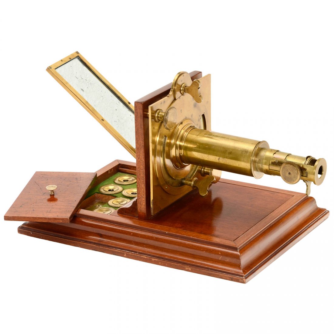 Small Solar Microscope, c. 1780: Small Solar Microscope, c. 1780 Unsigned, original lacquered brass, rectangular 7 x 2 1/3 in. mirror, 6 ¾ in. tube, external rack-and-pinion focusing, spring stage specimen-holder, 6 projection lens
