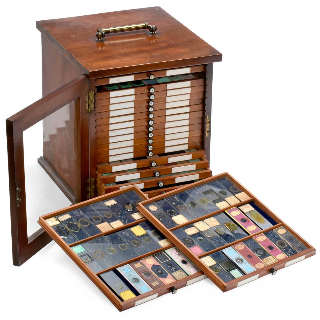 Mahogany Microscope Slide Cabinet, c. 1880: Mahogany Microscope Slide Cabinet, c. 1880 England, 21 fitted shallow drawers, glazed door, brass handle, containing about 380 botanical, medical and zoological slides by various makers. Excellent con