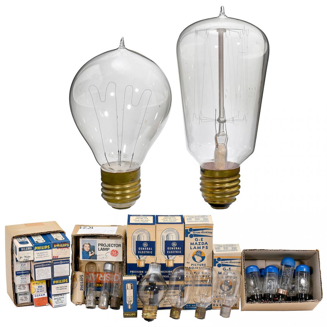 2 Early Carbon Filament Bulbs and Other Illuminants: 2 Early Carbon Filament Bulbs and Other Illuminants 1 x Philips and 1 x marked HZ2, on E27 sockets. – In addition: Christie MC 690 by Electric Corp. USA, approx. 30 projection lamps. 2 frühe Kohlef