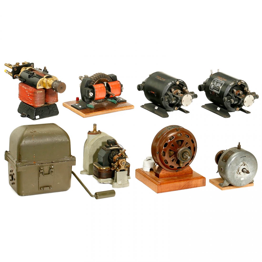 8 Electric Motors, Generators and Transformers: 8 Electric Motors, Generators and Transformers 1) Electric-Volta, Moteur Rigiola, manufactured by Botteaux – Paris, modified to 220 V, with belt pulley, c. 1920. – 2) 20 V direct current motor, c.