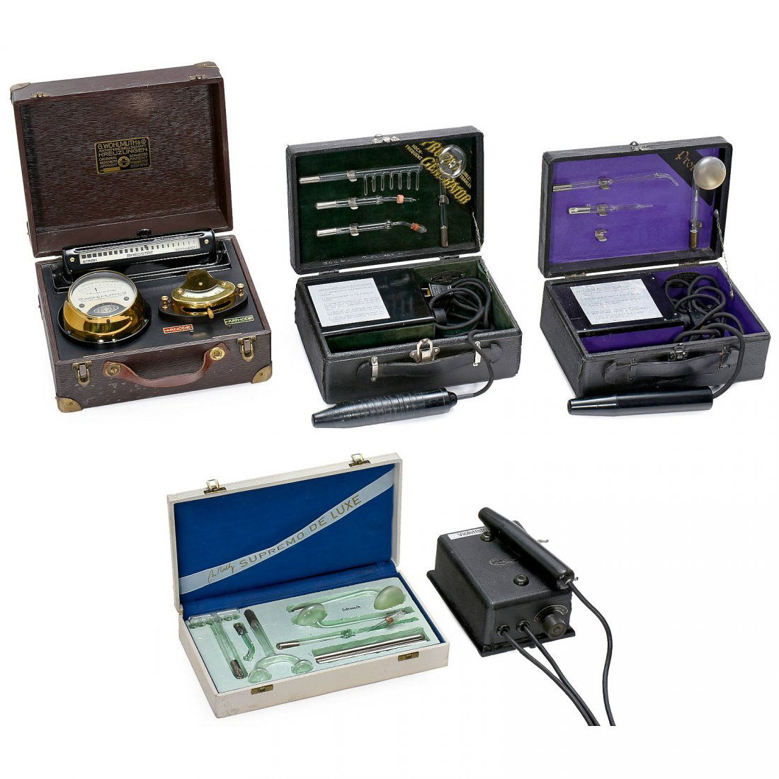 Lot of Electro-Medical Devices, c. 1935: Lot of Electro-Medical Devices, c. 1935 1) 2 "Provita" violet rays machines, with high-frequency generators and electrodes, in carrying cases. – 2) Violet rays machine by Victor Baumgartner, Basel,