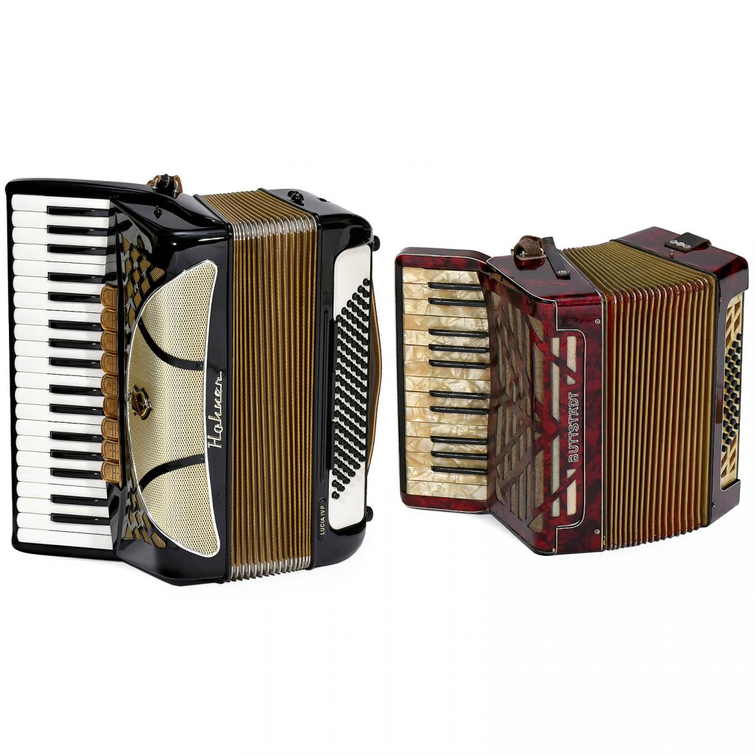 Hohner Lucia IV P Piano Accordion, c. 1965: Hohner Lucia IV P Piano Accordion, c. 1965 4 voices, treble: 37 keys, 9 registers, bass: 96 buttons, 3 registers; black/golden case, in carrying case, good playing condition! – In addition: "Buttst�