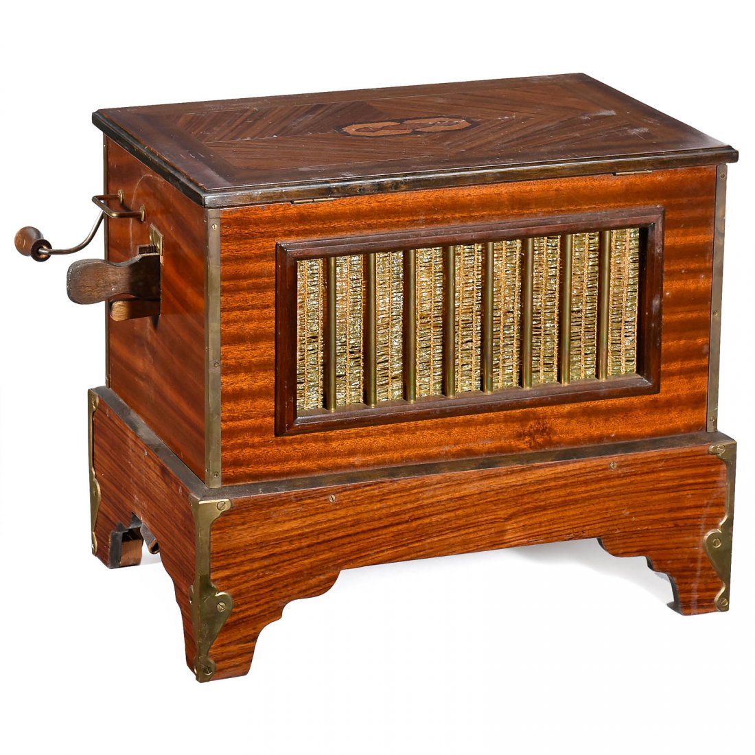 Small Barrel Organ, c. 1890: Small Barrel Organ, c. 1890 Unmarked, probably Bohemian, 24 keys, 6 tunes, pinned wooden barrel, hand-cranked, brass-bound wood case (some restoration), 18 x 11 3/4 x 16 ½ in., working but needs tuni