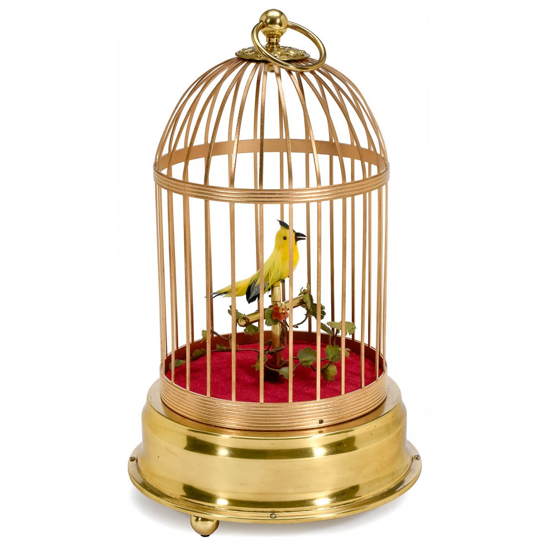 German Singing Bird Cage Automaton, c. 1970s: German Singing Bird Cage Automaton, c. 1970s Probably by Donau-Metall, bird with yellow plumage, articulated perch, beak and tail, going-barrel motor, whistle and bellows, under domed cage with lacque