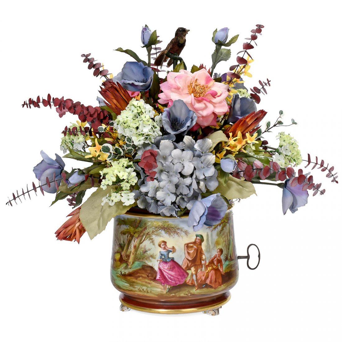 Automaton Singing Bird Jardinière by Blaise Bontems, c.: Automaton Singing Bird Jardinière by Blaise Bontems, c. 1880 Bird with brown plumage, articulated head, beak and tail controlled by going-barrel movement with bellows and whistle for birdsong, in por