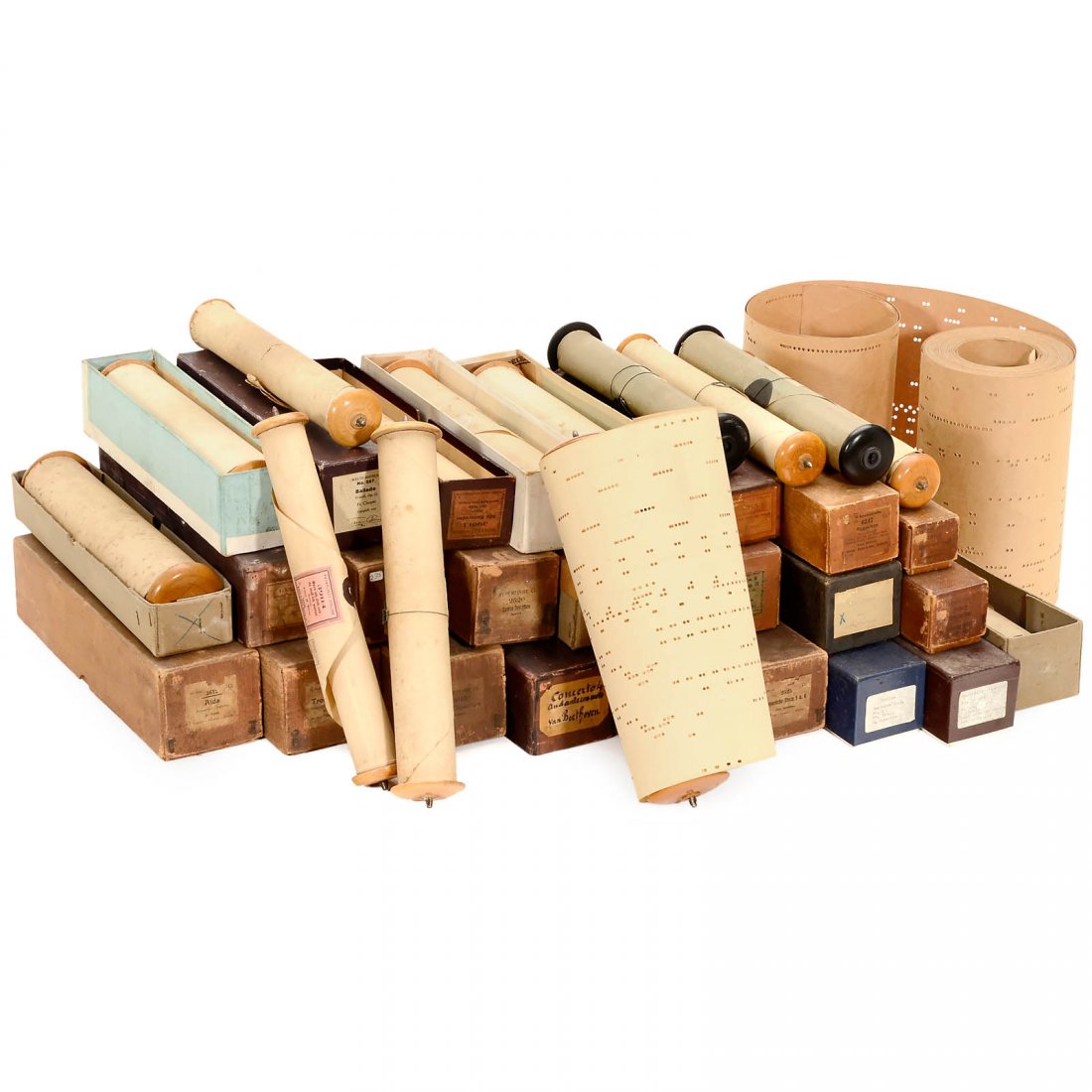 Group of Orchestrion and Pianola Rolls, c. 1920: Group of Orchestrion and Pianola Rolls, c. 1920 1) 11 rolls for Phonoliszt Violina. – 2) 18 rolls for Solodant. – 3) 4 rolls for Welte (green). – And: 4) Unknown, without spindle, width 9 ½ in.