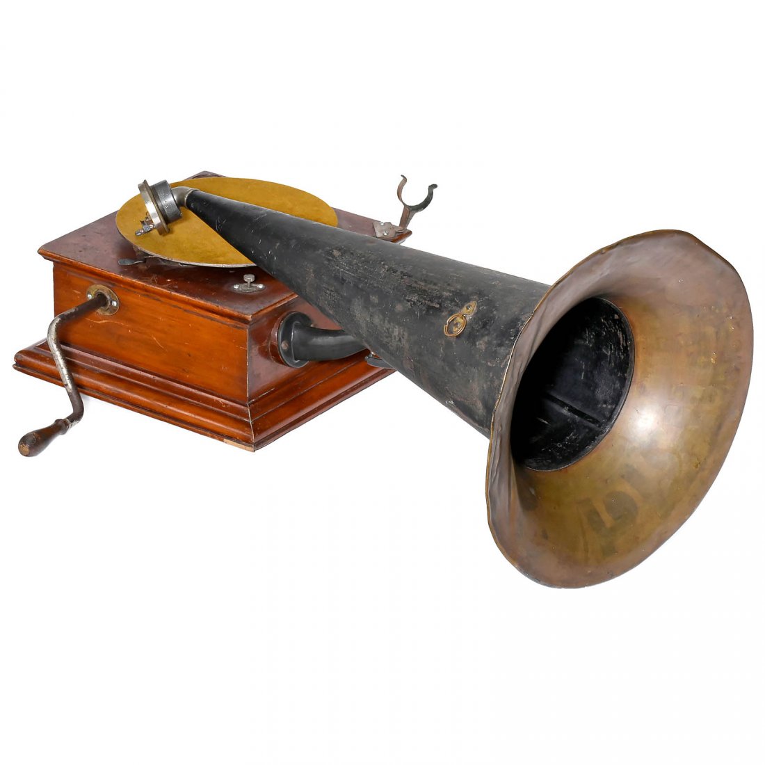 The Gramophone English Horn Gramophone, c. 1915: The Gramophone English Horn Gramophone, c. 1915 Wooden case with "Nipper" transfer at the front, "Exhibition" reproducer by Gramophone & Typewriter Ltd., London/Berlin, working spring motor, length of