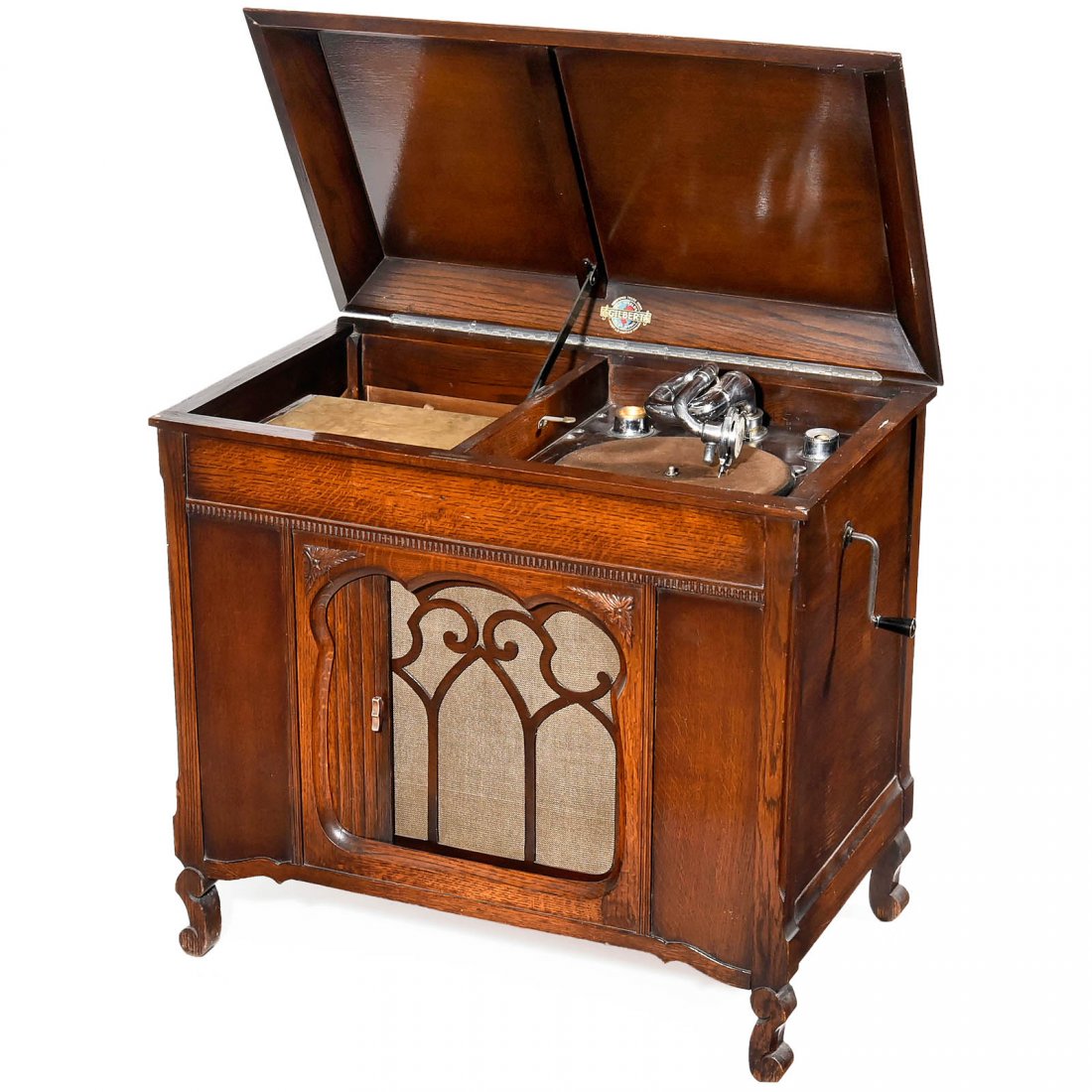 Gilbert English Floorstanding Gramophone, c. 1928: Gilbert English Floorstanding Gramophone, c. 1928 Walnut case with louvre speaker-door, Gilbert soundbox and tone arm, working, height 32 2/3 in. Englisches Salon-Grammophon Gilbert, um 1928 Nußbaum
