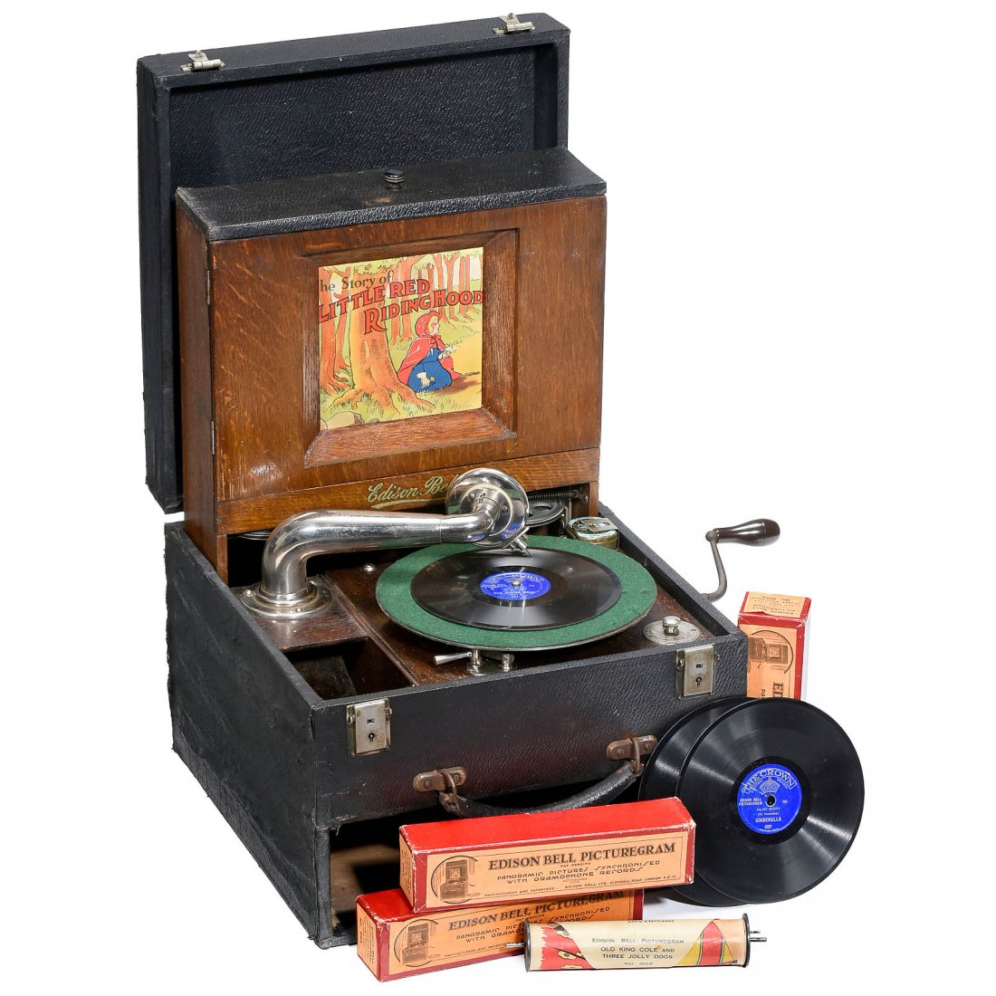 Edison Bell Picturegram Panorama Gramophone, 1924: Edison Bell Picturegram Panorama Gramophone, 1924 Rare portable panorama gramophone with moving picture spools, made in England by "Edison Bell Ltd., London", spring motor for both functions, removeab