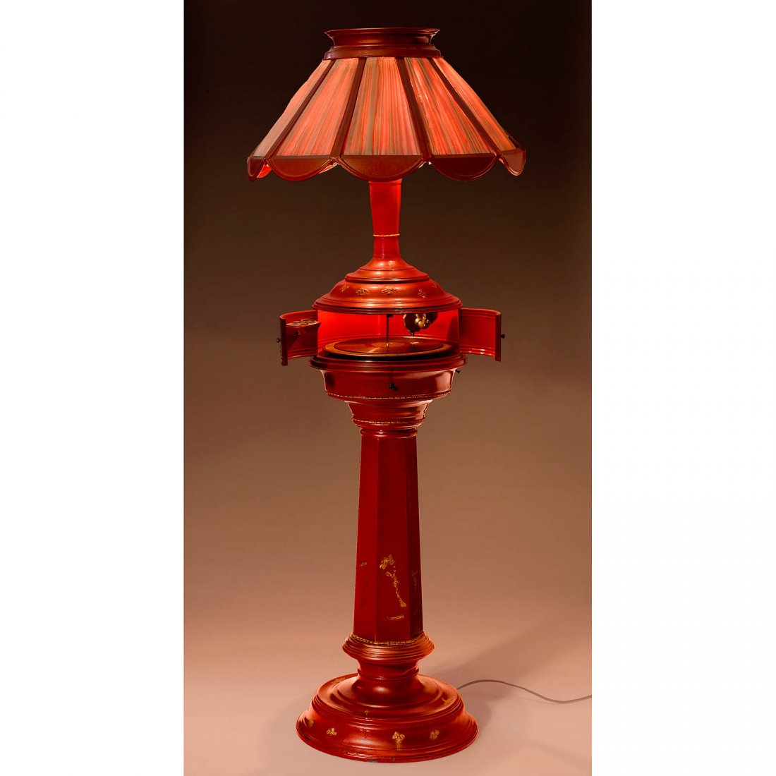 Tin Phonolamp Model B, c. 1920: Tin Phonolamp Model B, c. 1920 Phonograph floor lamp, lacquered tin case, metal lamp with fabric lining, electric-driven phonograph (230 V), Supreme soundbox, overall height 65 in., working. Phonolamp