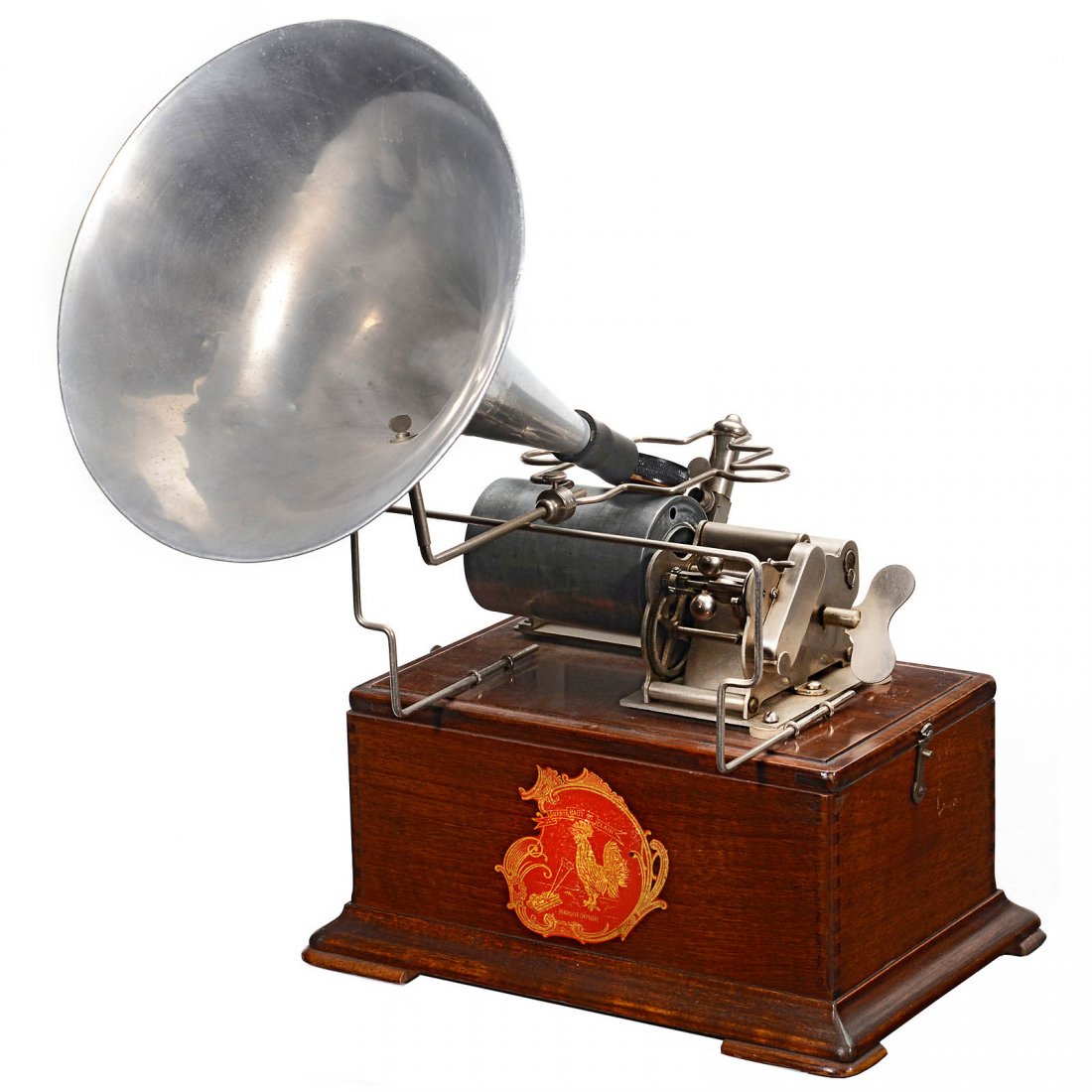 Pathé "Coq" Phonograph Model 1 (2nd Version), c. 1905: Pathé "Coq" Phonograph Model 1 (2nd Version), c. 1905 Pathé Reversible Perfecta, able to play both Standard and Intersize cylinders, with floating reproducer and aluminum horn, with combined case an