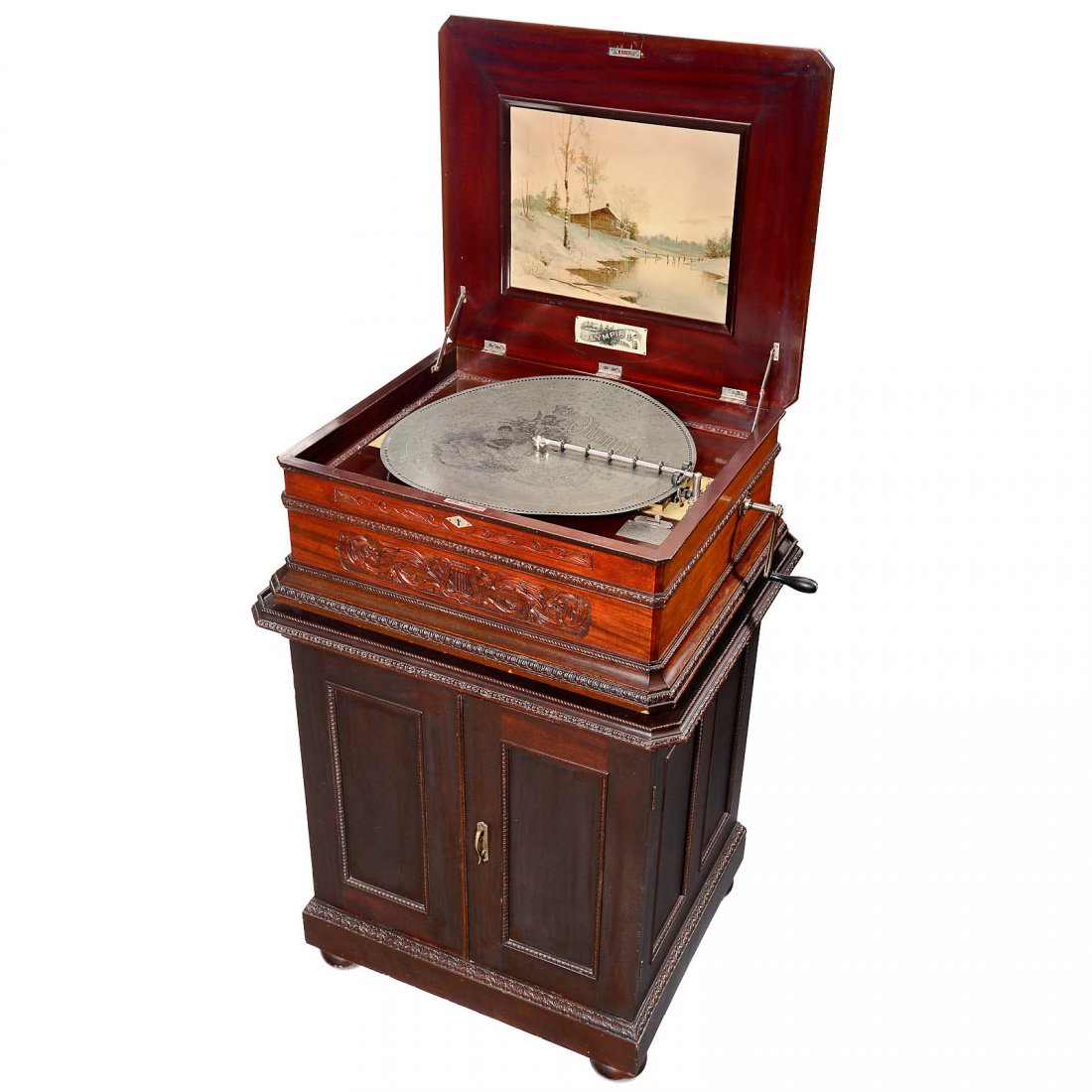 Olympia 20 ½-Inch Style 15 Disc Musical Box: Olympia 20 ½-Inch Style 15 Disc Musical Box Manufactured by "F.G. Otto & Sons, USA", no. 11846, with 184 teeth in duplex comb, carved mahogany cabinet on matching disc-storage stand with 13 compartm