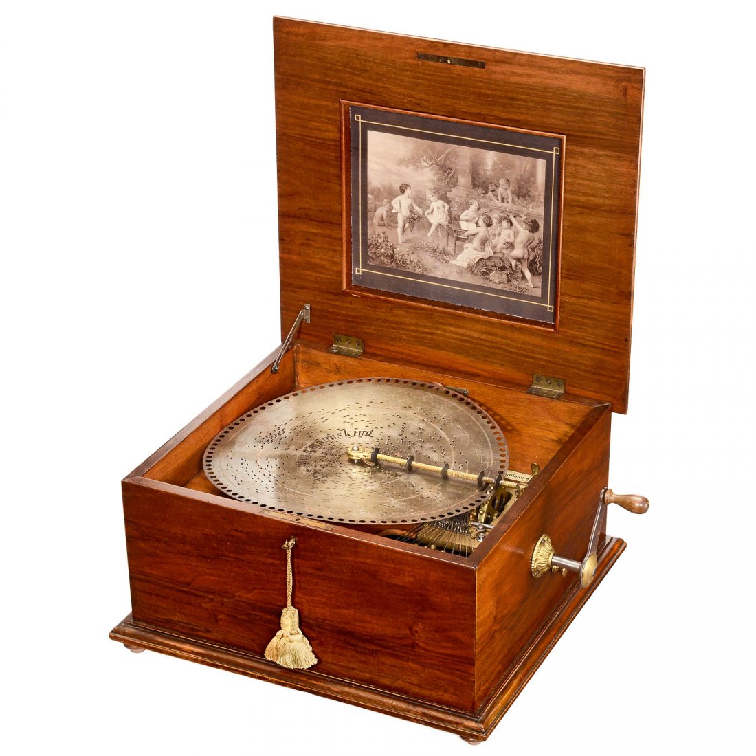 Polyphon Disc Musical Box Model 42 CG with 12 Bells, c.: Polyphon Disc Musical Box Model 42 CG with 12 Bells, c. 1900 Manufactured by Polyphon Musikwerke, Leipzig; for 14 ½ in. discs, 54 teeth in musical comb plus 12 bells (complete), speed control, polis