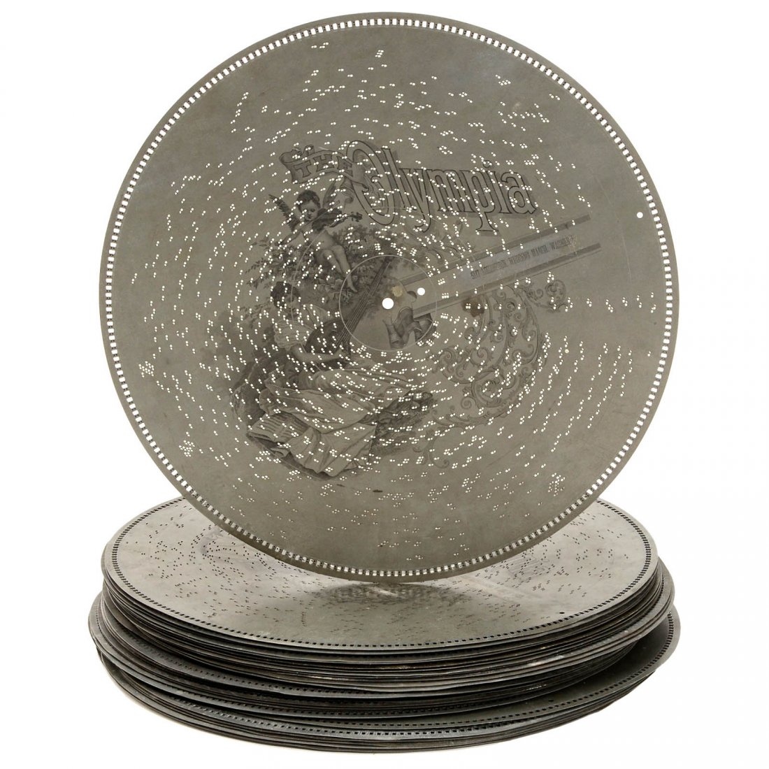 34 Olympia 20 ½-Inch Discs, 1898 onwards: 34 Olympia 20 ½-Inch Discs, 1898 onwards Manufacturer "F.G. Otto & Sons, USA", series 5000, zinc, very rare. 34 Olympia-Platten Ø 52 cm, ab 1898 Hersteller: "F.G. Otto & Sons, USA", 5000er-Serie, Z