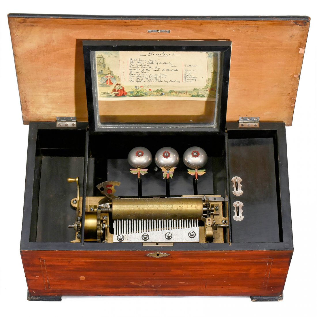 Three-Bell Musical Box by Cuendet, c. 1895: Three-Bell Musical Box by Cuendet, c. 1895 No. 541, playing ten popular airs, including "The Dandy Colored Coon", accompanied by three bells with polychrome insect strikers, with 34 teeth in comb (com