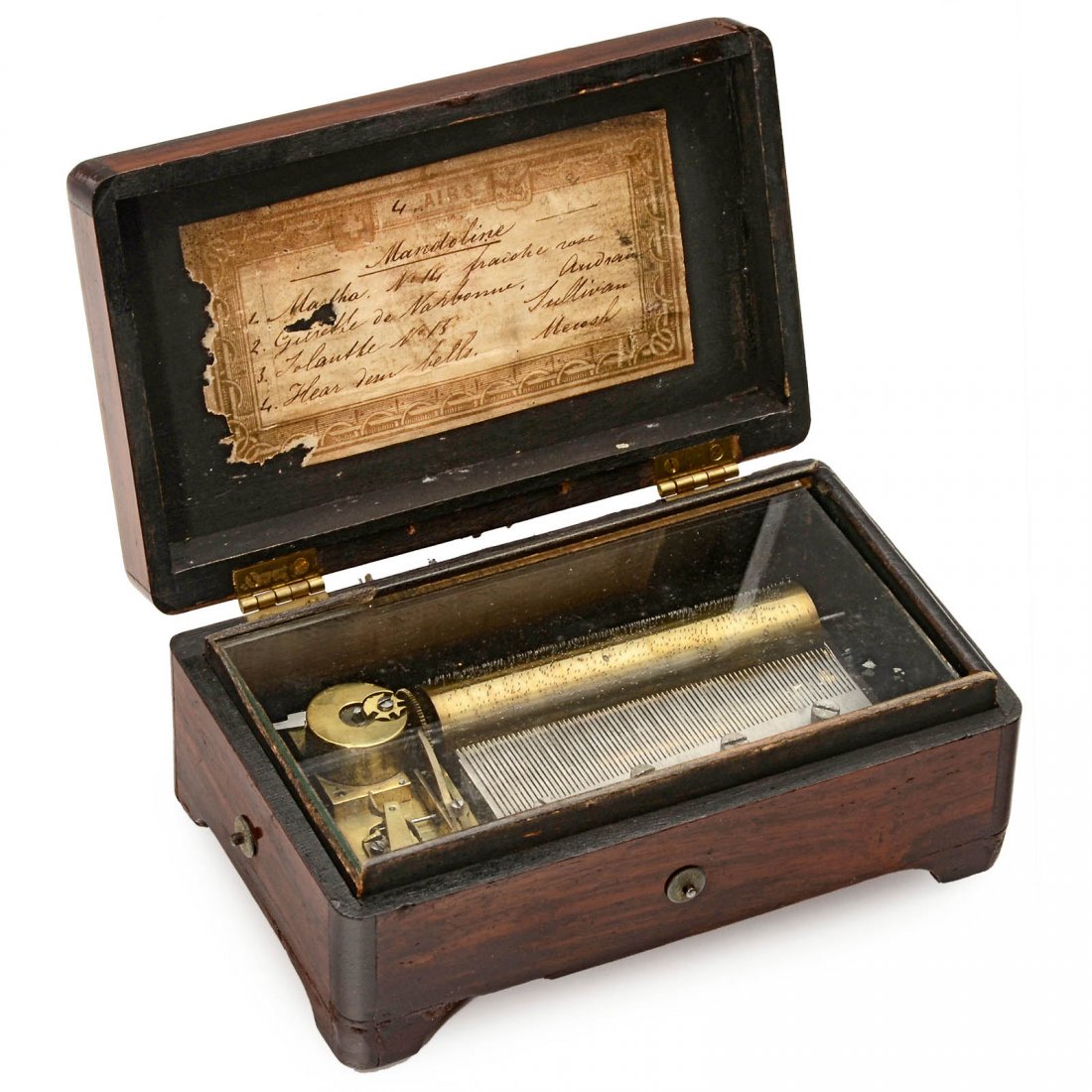 Mandoline Tabatière Musical Box, c. 1890: Mandoline Tabatière Musical Box, c. 1890 No. 6768, playing "Martha No. 14", "Iolanthe No. 13", by Sullivan and 2 other airs, in rosewood-veneered case with tune-sheet and shield-shaped cartouche on l