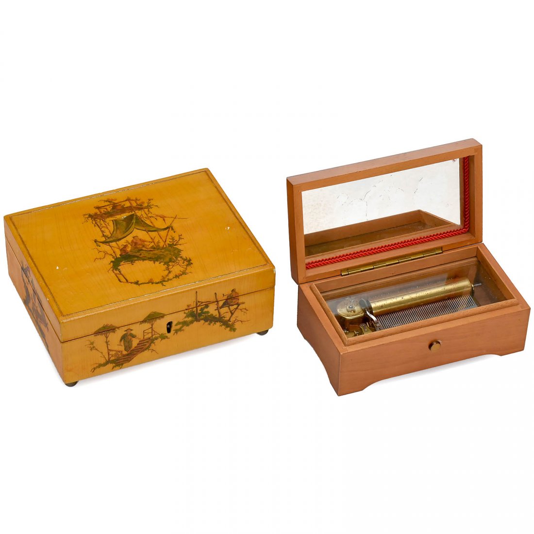 3 Tabatière Musical Movements: 3 Tabatière Musical Movements Reuge CH 4/50 musical box, playing "Freischütz" (Hunter's Chorus), "Brahms Lullaby", "Wienerschwalben" and "Wiener Madl'n", with tune-sheet, in birch case, wd. 7 ¼ in