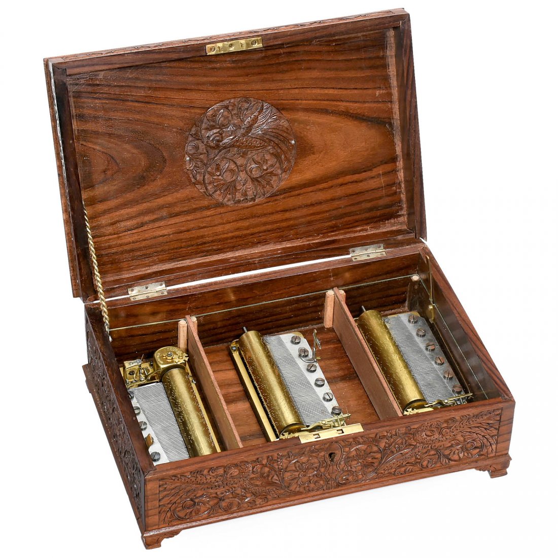 Trio of Reuge 3/72 Musical Box Movements in Carved: Trio of Reuge 3/72 Musical Box Movements in Carved Indian Case Decorated with flowers, birds and silver relief on the lid, 12 in. (30 cm) wide. Excellent playing condition! 3 Schweizer Walzenspieluhre