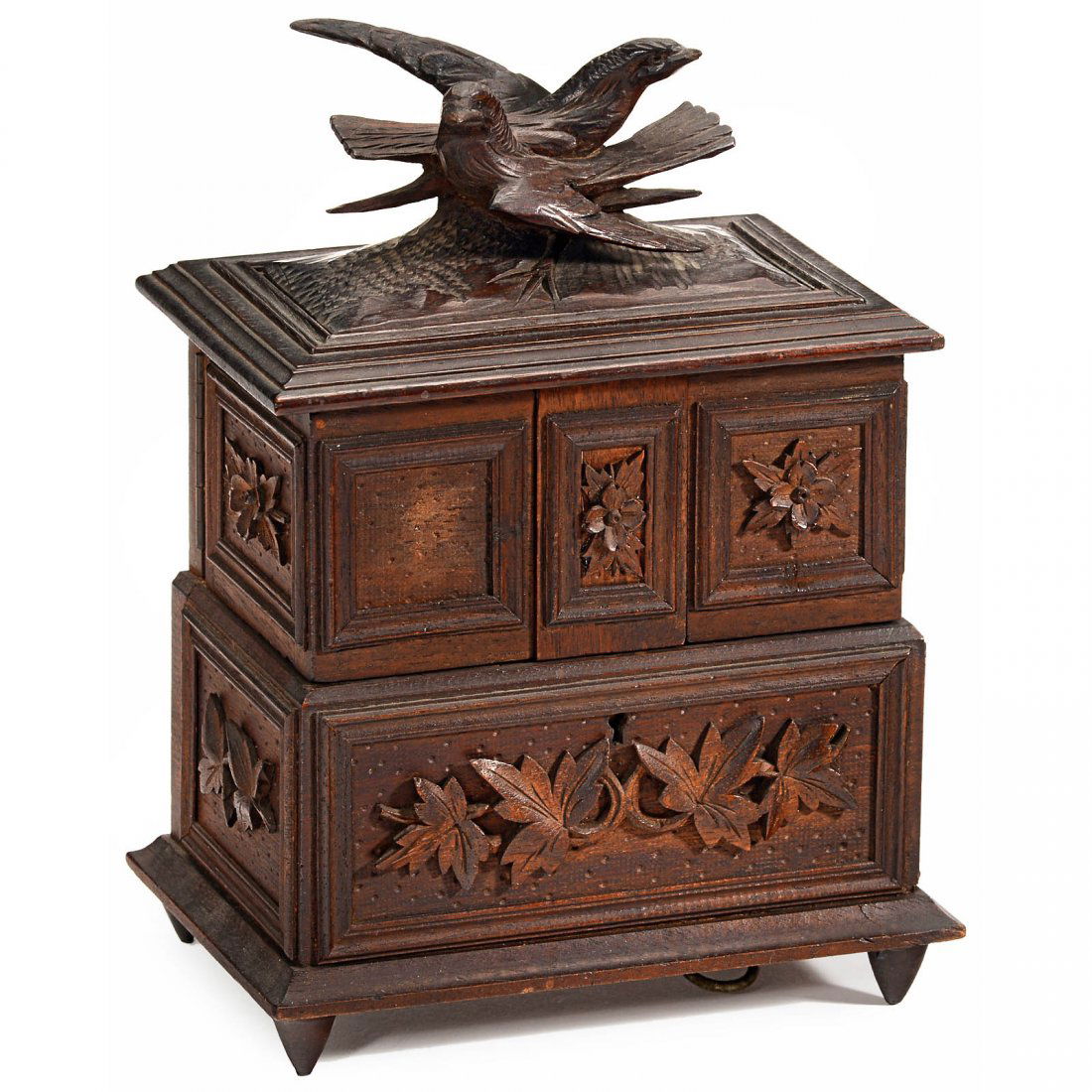 Sewing Box with Musical Movement, c. 1900: Sewing Box with Musical Movement, c. 1900 Carved Black-Forest case with a pair of cuckoos on the top, 3 compartments, Swiss 2-air movement in the base, height 9 in., working. Nähkästchen mit Walzens