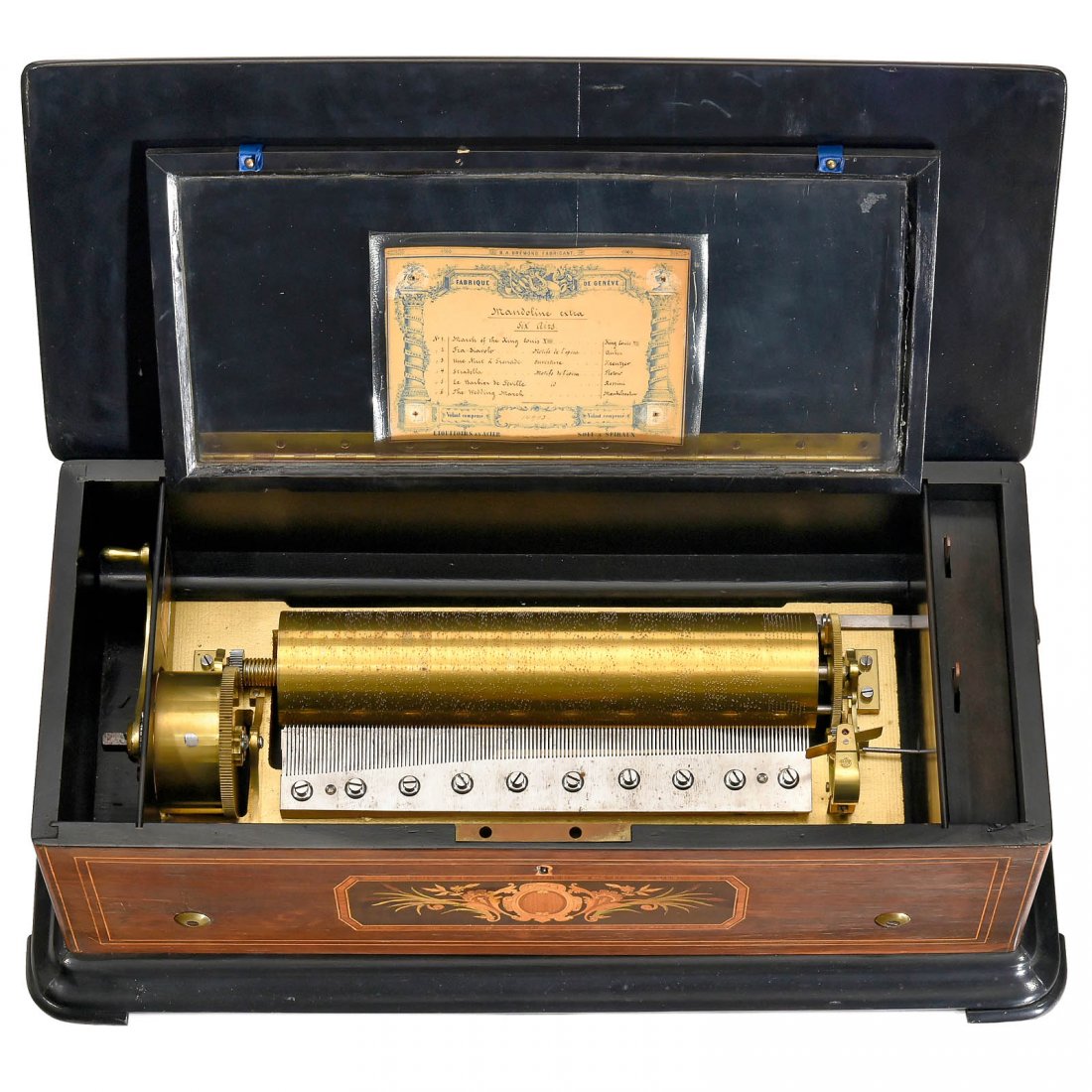 Mandoline Extra Operatic Musical Box by Bremond, c.: Mandoline Extra Operatic Musical Box by Bremond, c. 1875 No. 14903, playing one overture and five airs on 'fat cylinder', with 132 teeth in comb (complete), "BAB" stamp on governor-cock, compensated g