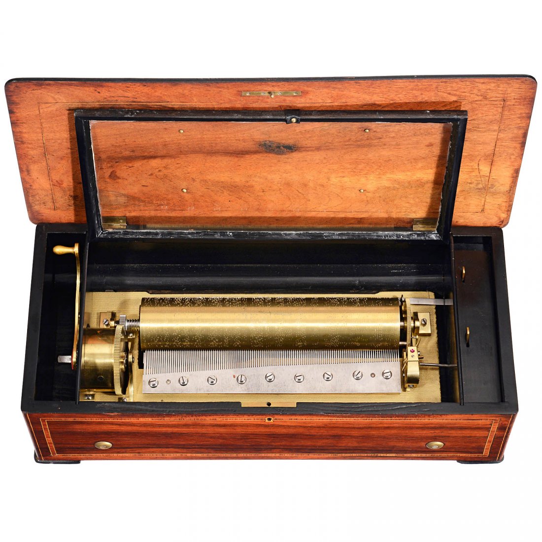 Part-Overture Musical Box, c. 1880: Part-Overture Musical Box, c. 1880 Probably by Paillard, no. 18108 (inscribed on great wheel), playing six airs on "fat" cylinder, with 114 teeth in comb (complete), in walnut case with rosewood venee