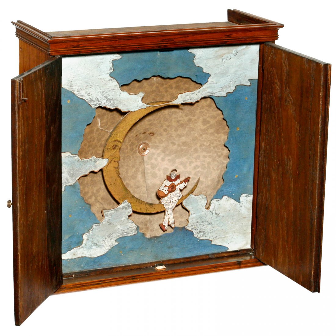 Blaupunkt Ideal Large-Scale Loudspeaker, 1925: Blaupunkt Ideal Large-Scale Loudspeaker, 1925 Depicting a pierrot serenading crescent moon, with moving iron system and 2-door cabinet. The image recalls Gustave Vichy's automaton of c. 1890. Großfl�