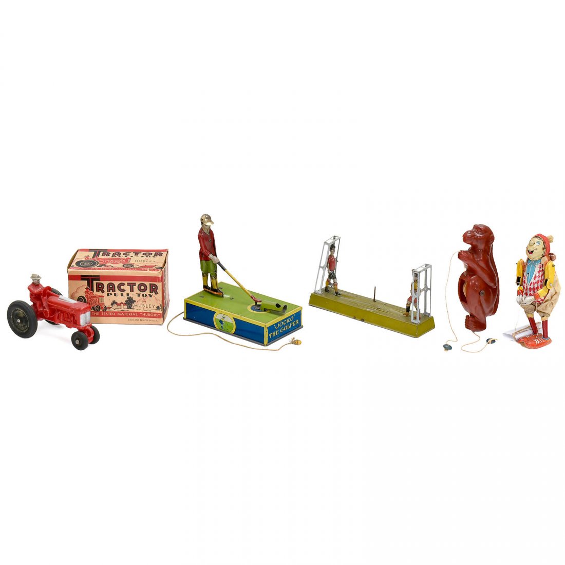 5 Mechanical Toys: 5 Mechanical Toys 1) 2 kickers by Georg Kellermann, Nuremberg, lithographed tin, clockwork, c. 1920. – 2) Climbing monkey, celluloid, unmarked. – 3) Mountain climber by TPS, Japan, lithographed ti