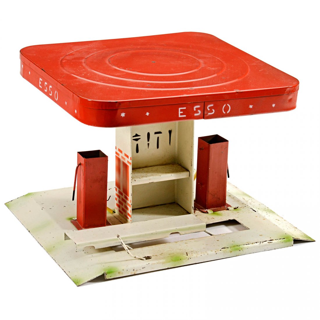 Large Esso Petrol Station by Kibri, c. 1935: Large Esso Petrol Station by Kibri, c. 1935 Hand-painted tin, 2 petrol pumps (without roofs), mechanical car-jack, 11 x 9 x 7 ½ in. Große Esso-Tankstelle von Kibri, um 1935 Handbemaltes Blech, 2 Tan