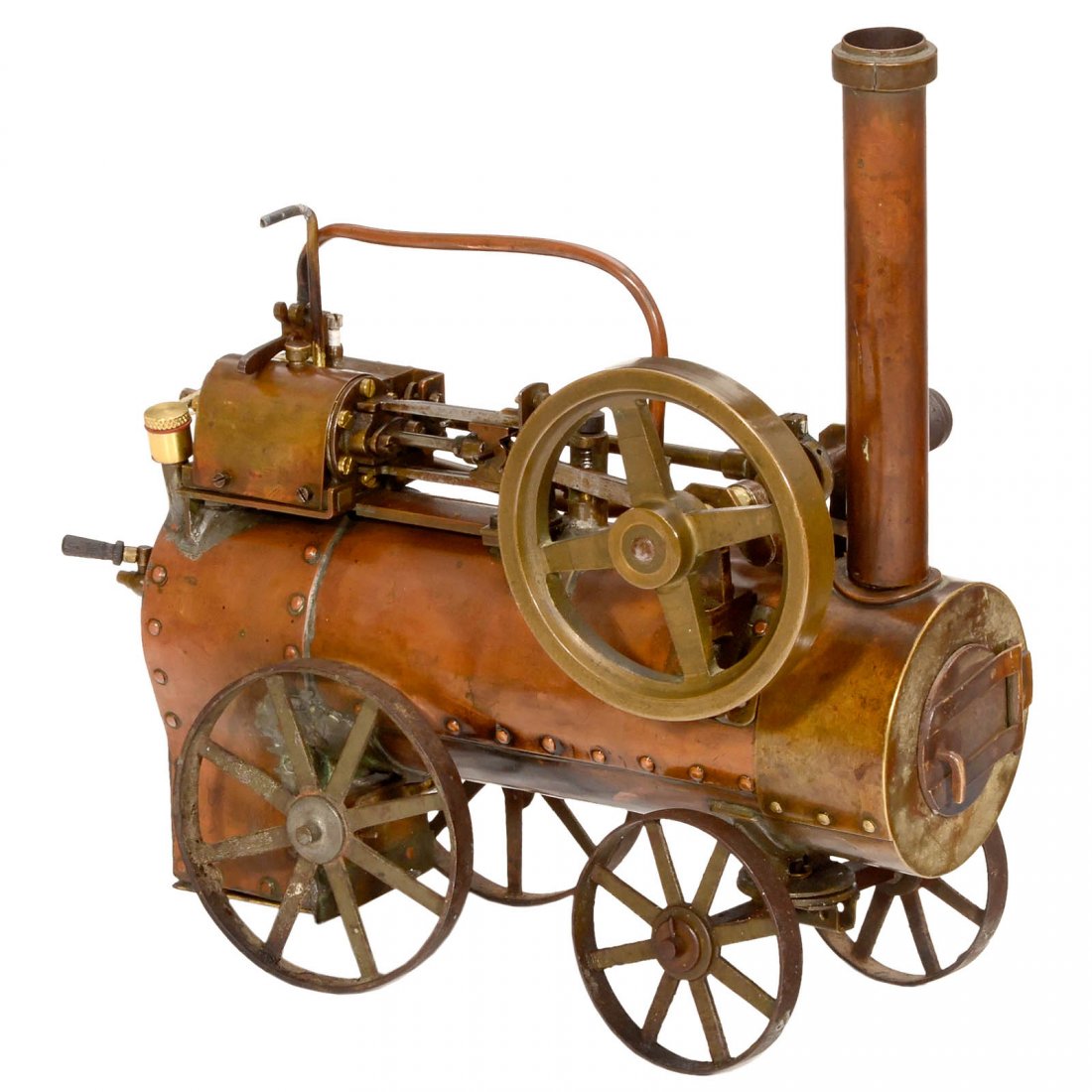 Live Steam Traction Engine Model, c. 1930: Live Steam Traction Engine Model, c. 1930 Coal-fired, of brass, copper, steel and iron; low- and high-pressure cylinders, cross-head guide, 3 water taps, safety valve, flywheel Ø 3 ¾ in., with draw