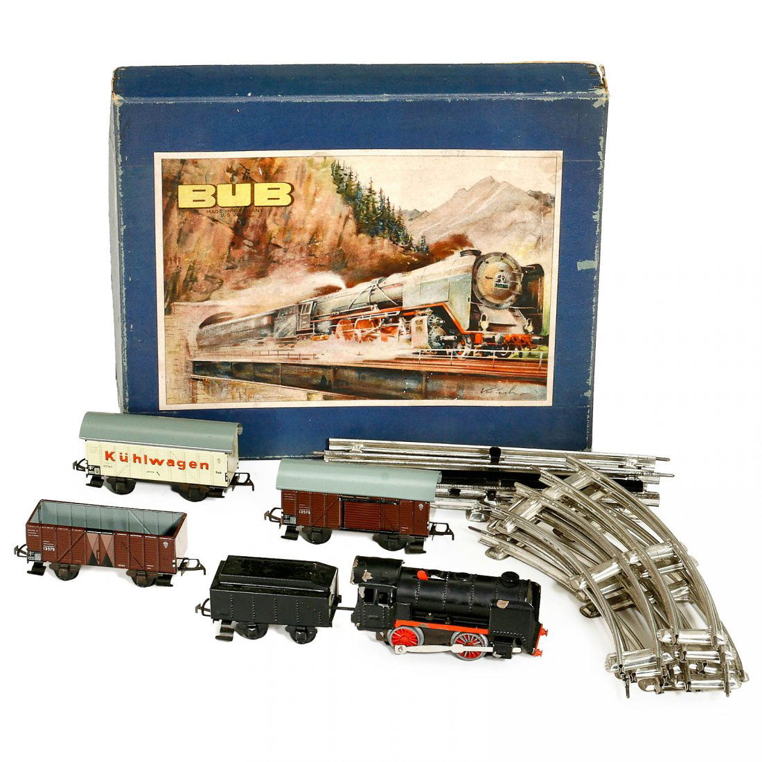 Bub Tin Toy Train Starter Set, c. 1950: Bub Tin Toy Train Starter Set, c. 1950 Karl Bub, Nuremberg; lithographed tin, clockwork intact, with steam locomotive, 3 wagons and circle of rails, in original box. Grundpackung Bub-Rangierbahn, um 1