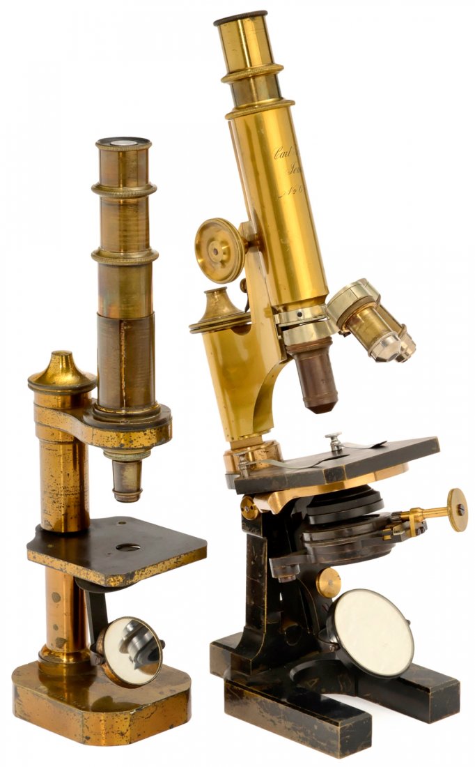 2 Early Microscopes by Carl Zeiss: 2 Early Microscopes by Carl Zeiss Carl Zeiss, Jena. 1) Zeiss microscope with double number: no. 1720 2685, c. 1875, brass, original lacquer, coarse and fine adjustment, convex pinhole rotating diaphra