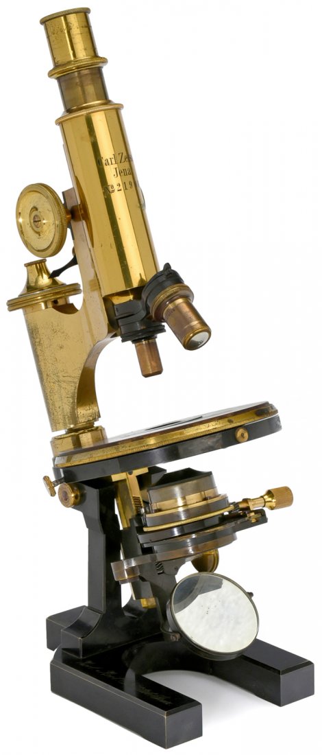 Heavy Brass Microscope by Carl Zeiss, c. 1892: Heavy Brass Microscope by Carl Zeiss, c. 1892 Carl Zeiss, Jena. No. 21906, brass with black stand, original lacquer, 2 signed lenses, 1 ocular (2), two-lens turret, coarse and fine adjustment, round c
