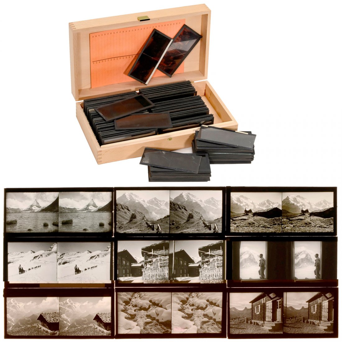 94 Stereo Slides (6 x 13) with Alpine Motifs: 94 Stereo Slides (6 x 13) with Alpine Motifs 34 black-and-white glass stereo slides. Excellent picture composition. (2/–) – And: 60 stereo slides on film (glass-framed). With Alpine motifs (color 