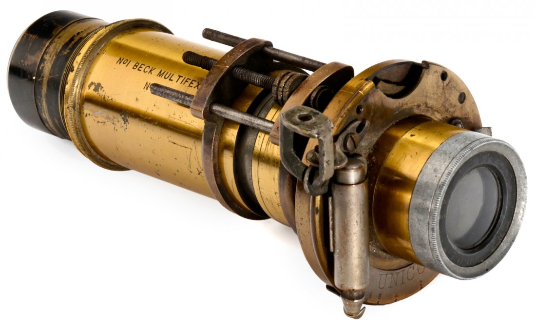 No. 1 Beck Multifex Lens, c. 1895: No. 1 Beck Multifex Lens, c. 1895 Beck, London. Engraving on top: "Multifex Positive Lens", no. 56495, approx. 20 cm focal length, diaphragm 1–64, built-in "Unicum" shutter (not working), height 6 �