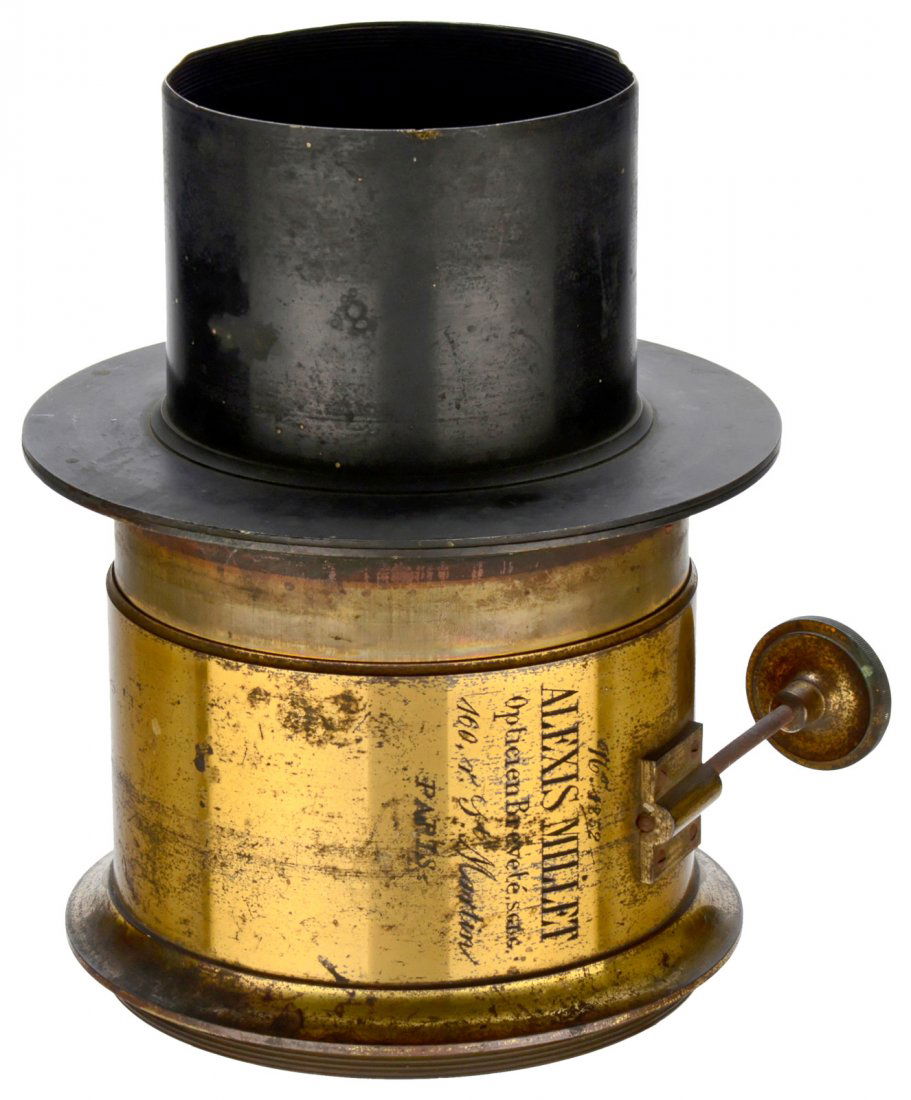 Alex Millet Landscape Lens, c. 1863: Alex Millet Landscape Lens, c. 1863 No. 1852. Focal length approx. 120 cm. Height approx. 24 cm. lens Ø approx. 125 mm, equipped for waterhouse stops. Presumably converted into a landscape lens. Rack