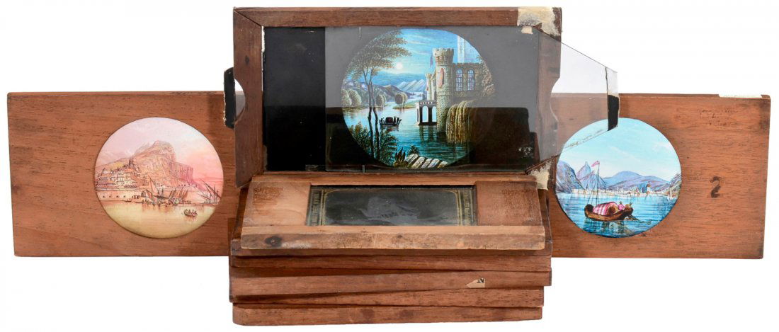 7 Hand-Painted Magic Lantern Slides of Boats: 7 Hand-Painted Magic Lantern Slides of Boats Finely painted double-slipping slide of romantic gondola scene, 6 wood-mounted coastal scenes, one with label of "West London Auxiliary Sunday School Union