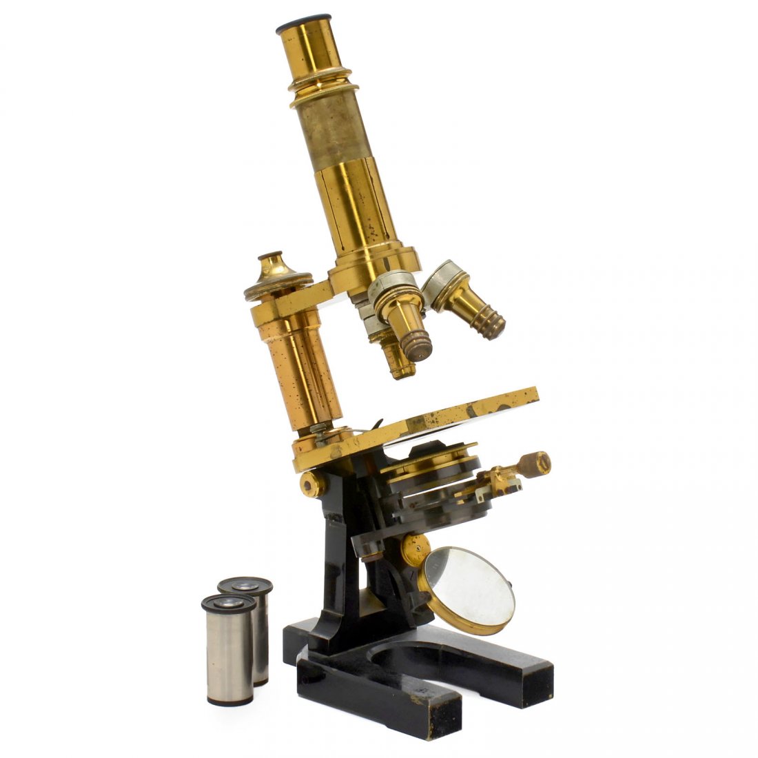 Carl Zeiss Brass Compound Microscope, c. 1888: Carl Zeiss Brass Compound Microscope, c. 1888 Signed on the limb: "C. Zeiss, Jena", no. 12601, original lacquered and blackened brass, double mirror, tilting stand, substage Abbe condenser system, tri