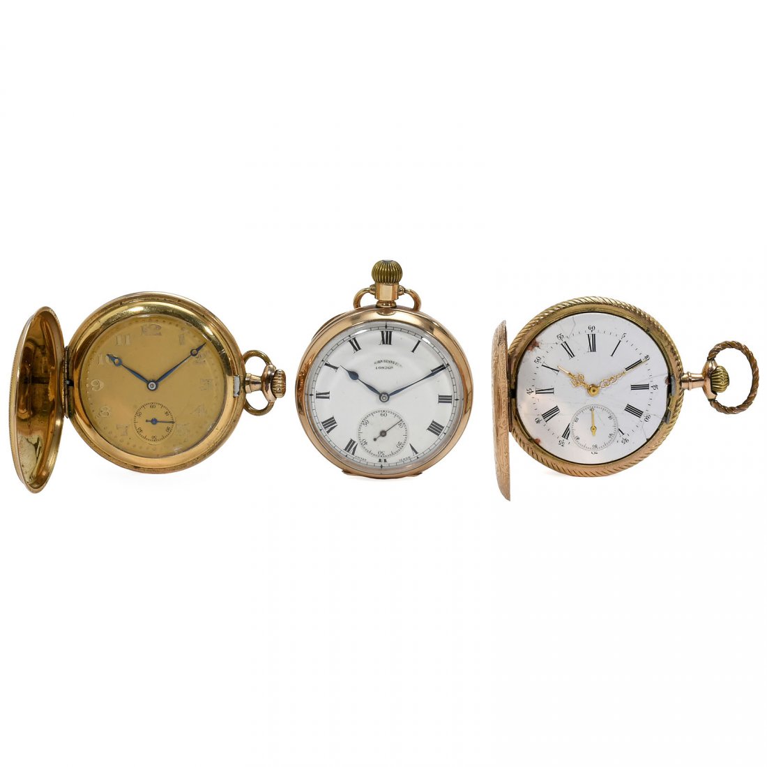 2 Gold Gent's Pocket Watches, c. 1920: 2 Gold Gent's Pocket Watches, c. 1920 1) 9-carat gold case, enameled dial signed "John Bennett, London, Swiss Made", small second, crown-wound. – 2) 14-carat gold case, enameled dial with chips, sma
