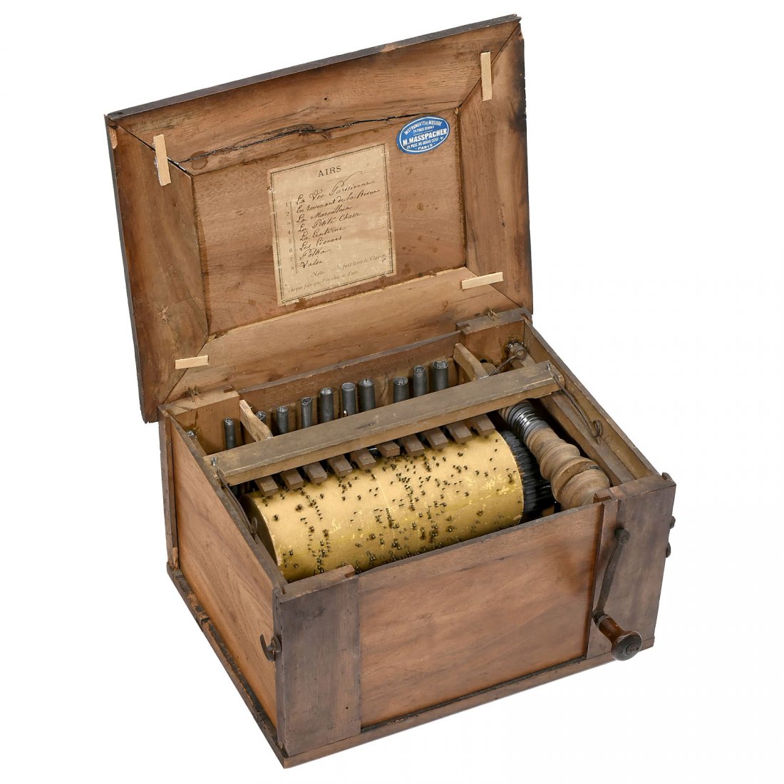 Miniature "Serinette" Barrel Organ, c. 1860s: Miniature "Serinette" Barrel Organ, c. 1860s France, playing 8 airs including "La Vie Parisienne" and "La Marseillaise", with hand-cranked 10-key mechanism, metal pipes, walnut case, tune-sheet and re